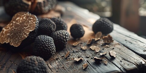 Black truffles on wooden table, soft overhead light, close-up, luxurious detail  - obrazy, fototapety, plakaty