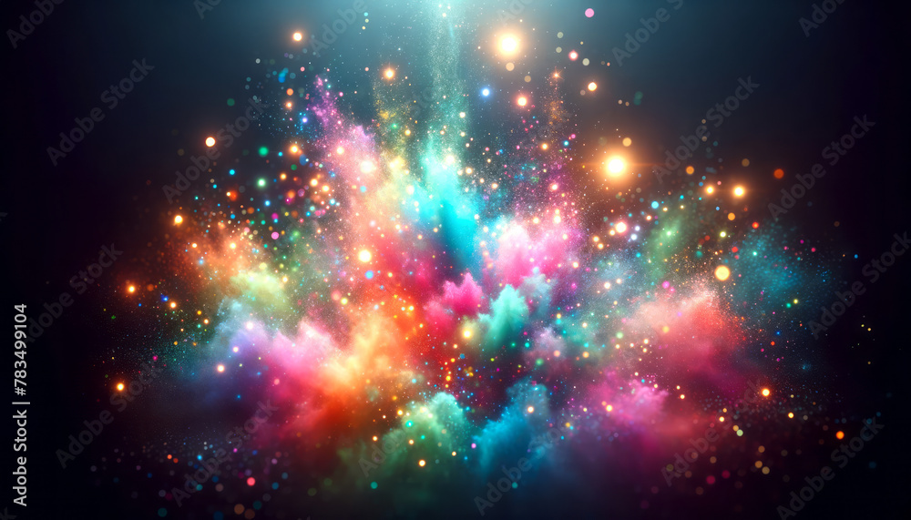 Poster Cosmic dust and paint splatter in vivid colors against dark space. Celestial art concept. Generative AI