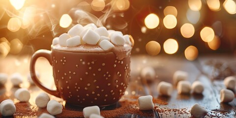 Obraz na płótnie Canvas Hot chocolate mug, marshmallows floating, close up, warm steam, holiday background blur