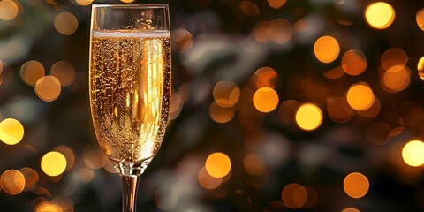 New Year's Eve champagne glass, close-up, bubbles sharp, party lights in soft focus  - obrazy, fototapety, plakaty