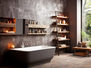 Fototapeta premium A modern bathroom interior with a luxury bath, wall shelves, and large window. Ai generative illustration