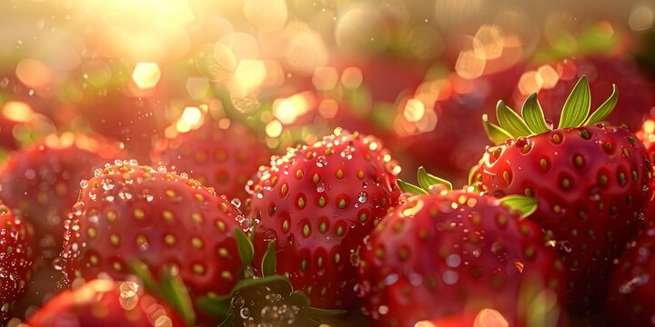 Close-up of juicy strawberries, sunlight highlighting their fresh droplets, vibrant red, high detail 
