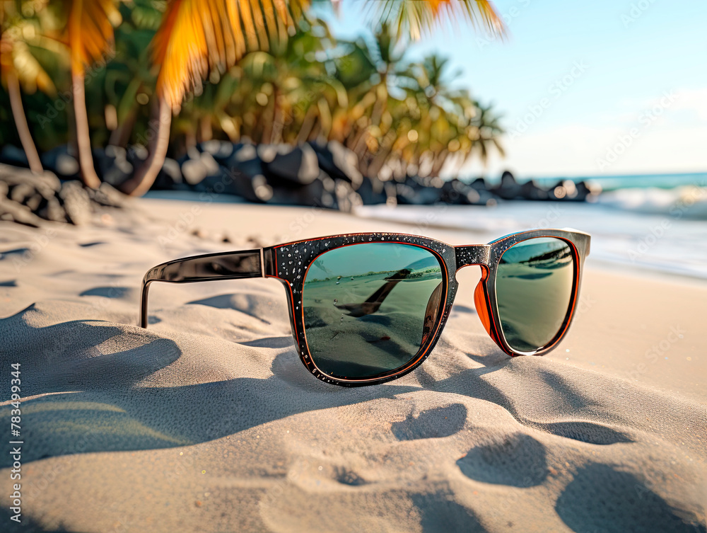 Poster sunglasses on a sandy beach with ocean and palm trees reflected in the lenses. ai generative illustr