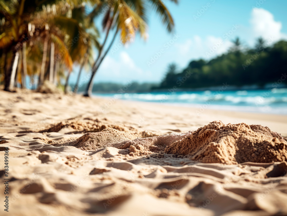 Poster A scenic beach view with clear sand in the foreground and palm trees by the ocean in the background. Ai generative illustration