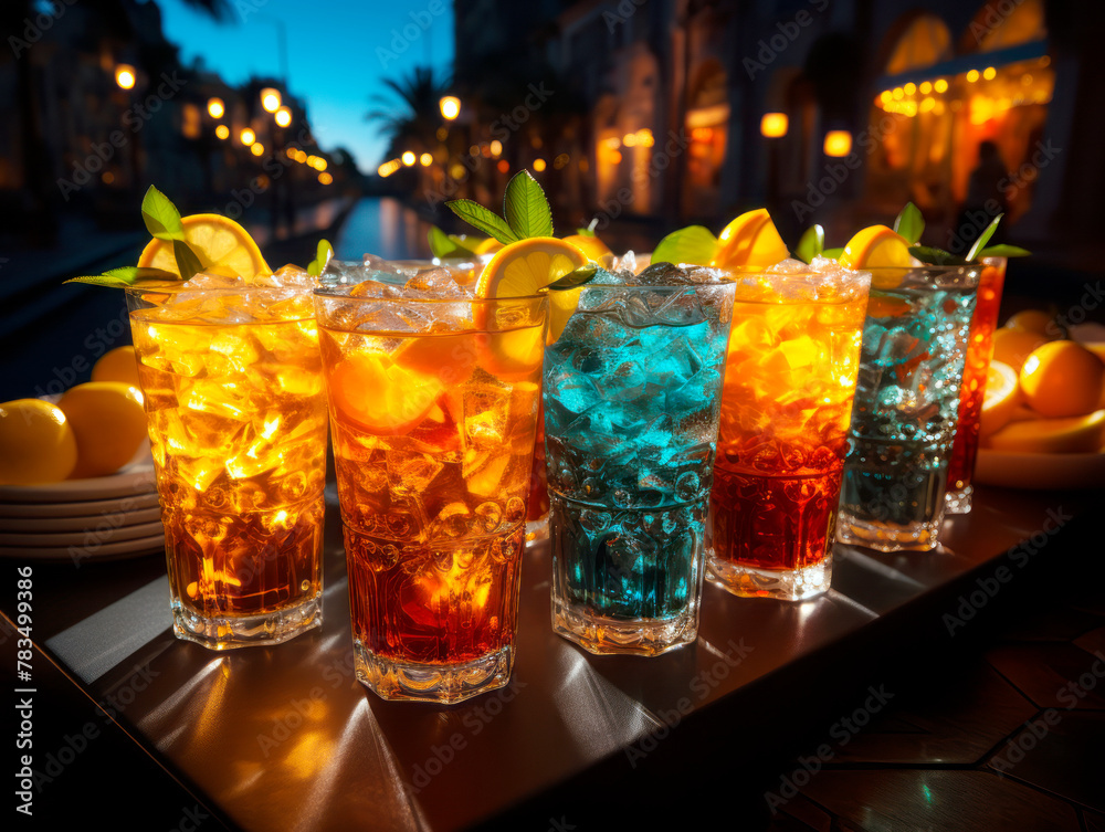 Poster a closeup of colorful summer drinks on a table with a warm, bright background suggesting a concept o