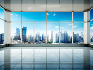 Contemporary room with panoramic windows offering a bright cityscape view. Urban architecture concept Generative AI