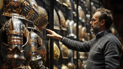 Standing in front of a towering display case a historian gestures towards a beautifully preserved suit of armor. The intricate designs and ornate embellishments on the steel plates . - obrazy, fototapety, plakaty