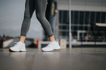 Close-up of fit woman's feet in white sneakers ready for urban running.
