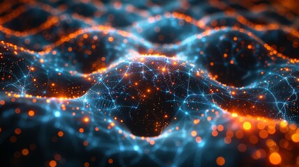 Cyber big data flow. Blockchain data fields. Network line connect stream. Concept of AI technology, digital communication, science research, 3D illustration neural cells.