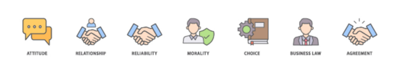 Business ethics icon packs for your design digital and printing of attitude, relationship, reliability, morality, choice, business law and agreement icon live stroke and easy to edit 