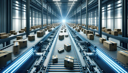 warehouse logistics center with a conveyor belt system. The conveyor belt is lined with numerous identical boxes ready