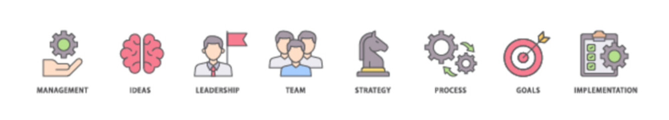 Business icon packs for your design digital and printing of management, ideas, leadership, team, strategy, process, goals, and implementation icon live stroke and easy to edit 