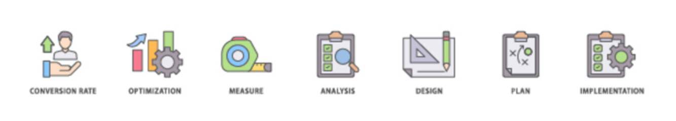 CRO icon packs for your design digital and printing of measure, analysis, design, plan, and implementation icon live stroke and easy to edit 