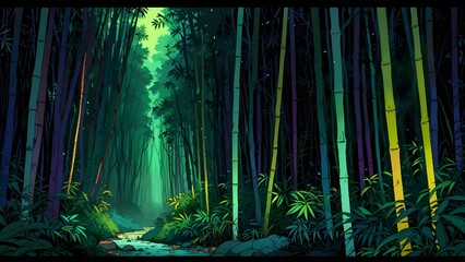 Tranquil bamboo forest. Vivid neon colors of jade and lemon, dark background. For print, fabric, and design.