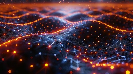 Cyber big data flow. Blockchain data fields. Network line connect stream. Concept of AI technology, digital communication, science research, 3D illustration neural cells.