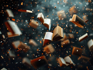 A book levitates amidst a cloud of confetti.