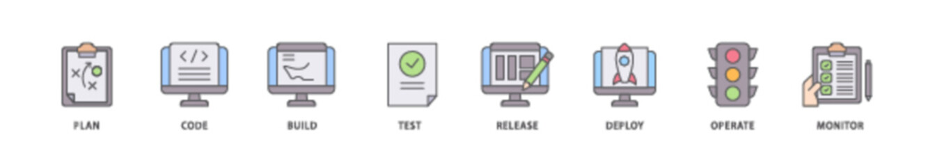 DevOps icon packs for your design digital and printing of monitor, operate, test, deploy, release, build, code, plan icon live stroke and easy to edit 