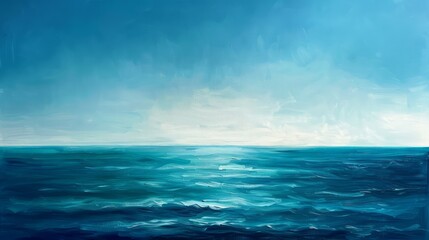 Fototapeta premium A painting of a blue ocean with a white sun in the sky. The mood of the painting is calm and peaceful