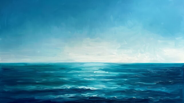 A painting of a blue ocean with a white sun in the sky. The mood of the painting is calm and peaceful