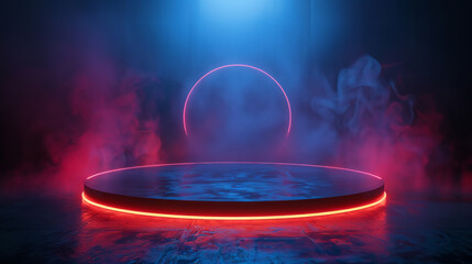 Abstract technology podium, 3D design with light rings and futuristic elements, for game stage or product display