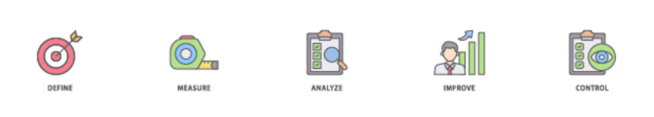 Lean six sigma icon packs for your design digital and printing of define, measure, analyze, improve, and control icon live stroke and easy to edit 