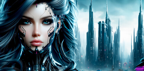 Mujer ciborg en ciudad futurista. Utopía ciberpunk - obrazy, fototapety, plakaty