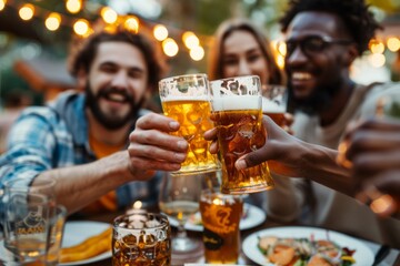 A dinner party in the outdoor courtyard with a group of friends from different nationalities - different young people sitting at tables in the bar, toasting with beer mugs in the bar garden - happy ho