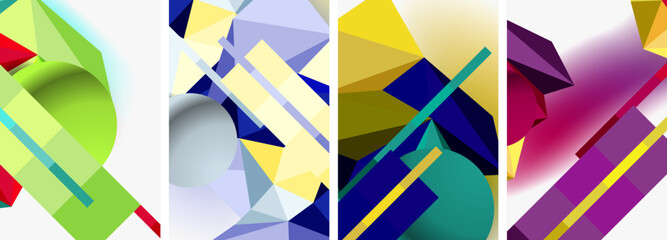 a collage of four different colored geometric shapes on a white background
