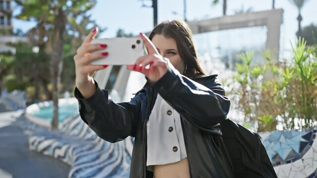Caucasian woman taking selfie with smartphone on sunny urban street