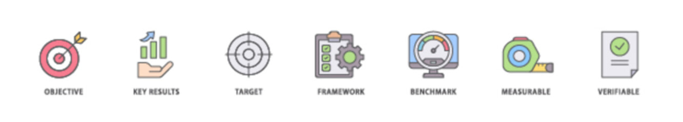 OKR icon packs for your design digital and printing of objective, key results, target, framework, benchmark, measurable, and verifiable icon live stroke and easy to edit 