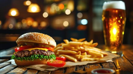 Burger and fries are on table next to glass of beer