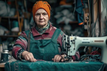 Woman is sitting at sewing machine