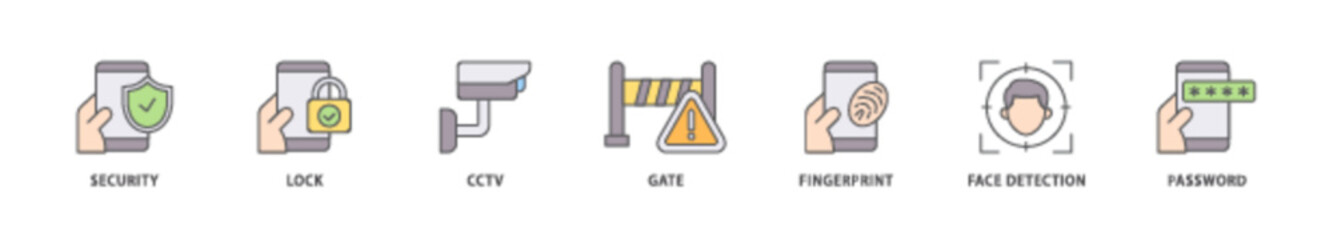 Security system icon packs for your design digital and printing of password, gate, face detection, finger print, cctv, lock, security icon live stroke and easy to edit 