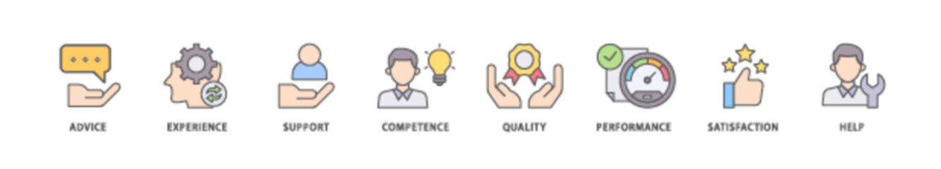 Service icon packs for your design digital and printing of advice, experience, support, competence, quality, performance, satisfaction, help, and call center icon live stroke and easy to edit 