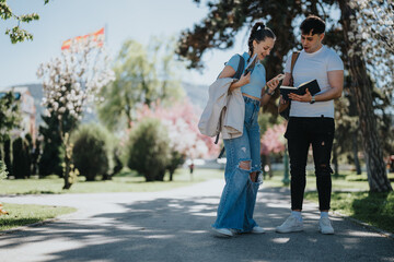 Fototapeta premium Two cheerful young students holding books review notes together in a lush green park on a sunny day.