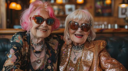 Two vivacious senior women with pink hair and sparkling outfits laughing joyfully together.National smile month