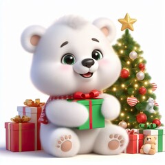 Fototapeta premium a cute polar bear with Christmas tree and gifts , funny, happy, smile, white background