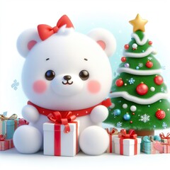 a cute polar bear with Christmas tree and gifts , funny, happy, smile, white background