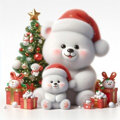a cute polar bear with Christmas tree and gifts , funny, happy, smile, white background