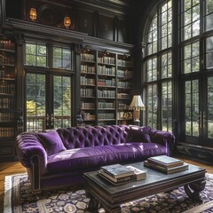 Elegant Library: Purple Settee and Parquet Flooring