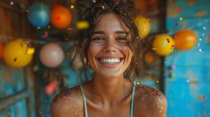 Joyful young woman with confetti celebrating at a party, radiating happiness and festivity. National smile month