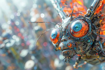 Capture a high-angle view of robotic wildlife featuring surrealism art in digital rendering form Show intricate details and vibrant colors to bring a futuristic and dreamlike atmosphere to life
