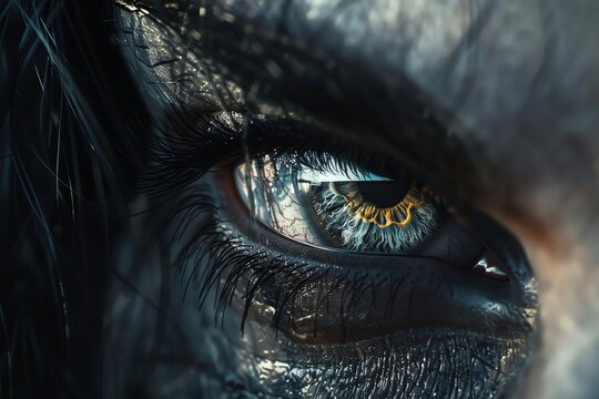 Capture the haunting essence of Edgar Allan Poes The Tell-Tale Heart through a close-up shot emphasizing the eye, utilizing stark shadows and dramatic lighting contrasts for an unsettling effect