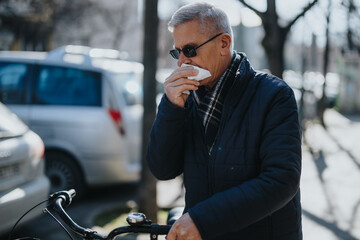 A mature man wearing a winter jacket and sunglasses stands on an urban street, blowing his nose...