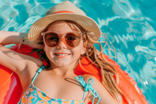 A girl in sunglasses and straw hat relaxing in the swimming pool. Travel concept. Relax on vacation