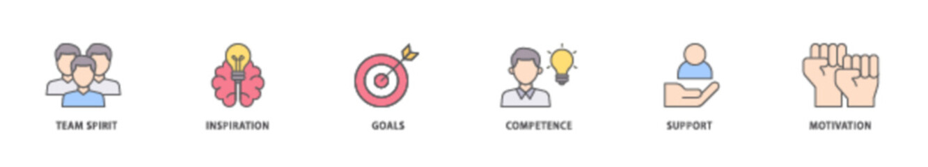 Team building icon packs for your design digital and printing of team spirit, inspiration, goals, competence, support, and motivation icon live stroke and easy to edit 