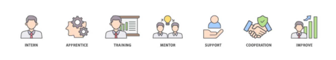 Trainee icon packs for your design digital and printing of intern, apprentice, training, mentor, support, cooperation and improve icon live stroke and easy to edit 