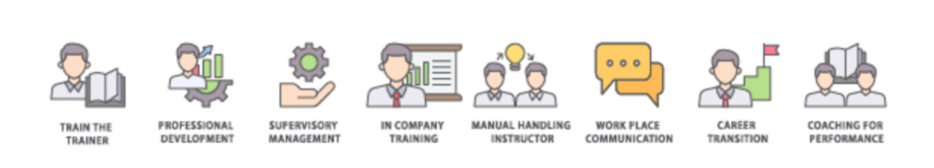 Training icon packs for your design digital and printing of coaching, teaching, knowledge, development, learning, experience, and skills icon live stroke and easy to edit 