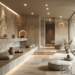 Minimalist Hallway Elegance: Quartz Bench and Polished Lights