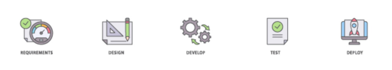 Waterfall icon packs for your design digital and printing of requirements, design, develop, test and deploy icon live stroke and easy to edit 